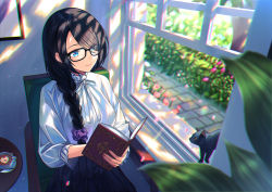 Rule 34 | 1girl, animal, black-framed eyewear, black cat, black hair, black skirt, blue eyes, blurry, book, braid, bush, cappuccino, cat, closed mouth, cup, dappled sunlight, day, depth of field, eyelashes, eyes visible through hair, flower, frilled shirt collar, frilled sleeves, frills, glasses, hair ornament, hair over one eye, hair scrunchie, heart, holding, holding book, indoors, latte art, long hair, long sleeves, looking at animal, looking away, mole, mole under eye, mole under mouth, open book, original, pavement, petals, pink flower, pleated skirt, reading, saucer, scrunchie, shirt, simple background, sitting, skirt, smile, spoon, sunlight, swept bangs, table, unowen, upper body, wall, white shirt, wind, window