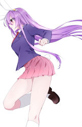 Rule 34 | 1girl, absurdres, animal ears, black jacket, blazer, brown footwear, closed mouth, crescent, crescent pin, from side, highres, jacket, leg up, long hair, long sleeves, necktie, pink skirt, pleated skirt, purple hair, rabbit ears, rabbit tail, red eyes, red necktie, reisen udongein inaba, simple background, skirt, smile, socks, solo, tail, thighs, touhou, white background, white socks, yukina (masyumaro610)