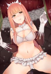 Rule 34 | 1girl, ashino, blunt bangs, blurry, blush, bra, breasts, cleavage, closed mouth, commentary request, curtain grab, curtains, depth of field, elbow gloves, fate/grand order, fate (series), frilled skirt, frills, gloves, highres, long hair, looking at viewer, medb (fate), medium breasts, navel, panties, pink hair, see-through, skirt, solo, spread legs, stomach, tiara, tongue, tongue out, underwear, white bra, white panties, white skirt, yellow eyes