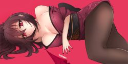 Rule 34 | 1girl, bad id, bad pixiv id, bare shoulders, black nails, breasts, cleavage, fate/grand order, fate (series), gae bolg (fate), huyou (awegk), japanese clothes, kimono, large breasts, long hair, looking at viewer, lying, nail polish, on side, pantyhose, purple background, purple hair, red eyes, scathach (fate), scathach (fate), short kimono, solo
