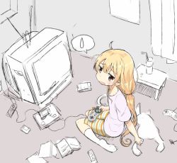 Rule 34 | 10s, 1girl, ahoge, bike shorts, blonde hair, blush, book, brown eyes, controller, cup, drinking glass, drinking straw, eyebrows, female focus, from above, futaba anzu, game console, game controller, holding, idolmaster, idolmaster cinderella girls, indoors, kneehighs, long hair, low twintails, open book, open mouth, partially colored, remote control, samnedar, shirt, sitting, sketch, socks, solo, spoken sweatdrop, striped bike shorts, striped clothes, stuffed animal, stuffed rabbit, stuffed toy, super famicom gamepad, sweatdrop, t-shirt, table, television, twintails, very long hair, wariza, white shirt, white socks