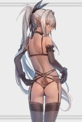 Rule 34 | 1girl, absurdres, ass, back, bare shoulders, black choker, black garter straps, black gloves, black ribbon, black thighhighs, breasts, choker, chuuko (deluxe&lt;&lt;&lt;), commentary request, cowboy shot, dark-skinned female, dark skin, deluxe&lt;&lt;&lt;, elbow gloves, elf, from behind, frown, garter straps, gloves, grey background, grey hair, hair ribbon, highres, lingerie, long hair, looking at viewer, looking back, o-ring, original, pointy ears, ponytail, red eyes, ribbon, shoulder blades, simple background, solo, standing, thighhighs, underwear, very long hair