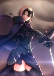 Rule 34 | 1girl, absurdres, armor, armored dress, banner, breasts, cape, chain, fate/grand order, fate (series), flag, fur-trimmed cape, fur collar, fur trim, gauntlets, gradient background, grin, headpiece, highres, holding, holding flag, holding sword, holding weapon, jeanne d&#039;arc (fate), jeanne d&#039;arc alter (avenger) (fate), jeanne d&#039;arc alter (fate), large breasts, momihige, purple background, short hair, silver hair, smile, solo, sword, thighhighs, tsurime, weapon, yellow eyes
