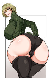Rule 34 | 1girl, absurdres, akina-chan, akina-chan (umezawa itte), ass, black panties, black thighhighs, borrowed character, breasts, cameltoe, cleft of venus, commentary, english commentary, green hair, green sweater, hair intakes, highres, huge breasts, looking at viewer, looking back, open mouth, original, owner1657, panties, shirt, short hair, smile, solo, striped clothes, striped shirt, sweater, thighhighs, underwear, vertical-striped clothes, vertical-striped shirt