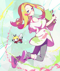 Rule 34 | 1girl, bare shoulders, blonde hair, closed mouth, creatures (company), denim, facepaint, full body, game freak, gen 7 pokemon, half-closed eyes, jeans, kurochiroko, long hair, looking at viewer, looking back, low ponytail, mina (pokemon), nintendo, off shoulder, oversized clothes, oversized shirt, paint, paintbrush, pants, pokemon, pokemon (creature), pokemon sm, ribombee, shirt, short sleeves, sketchbook, trial captain