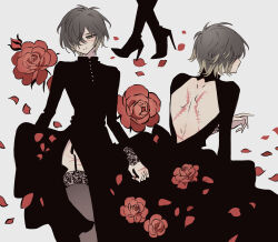 Rule 34 | 1boy, back cutout, bad id, bad pixiv id, bare back, black dress, black thighhighs, blonde hair, brown hair, clothing cutout, crossdressing, dress, flower, from behind, hair over one eye, high heels, lace, lace-trimmed thighhighs, long sleeves, male focus, meremero, multicolored hair, multiple views, petals, red flower, red rose, rose, rose petals, scar, scar on back, scar on face, short hair, side slit, slow damage, standing, thighhighs, towa (slow damage), yellow eyes