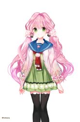 Rule 34 | 1girl, artist name, bad id, bad pixiv id, black thighhighs, blue sailor collar, cherry blossoms, dress, green dress, green eyes, jacket, long hair, looking at viewer, open clothes, open jacket, original, pink hair, sailor collar, simple background, smile, solo, thighhighs, tobbang, twintails, white background, zettai ryouiki