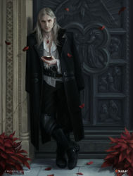 Rule 34 | 1boy, absurdres, alternate costume, armor, black jacket, black pants, blood, boots, company name, copyright name, cup, door, drinking glass, flower, formal, highres, innistrad (plane), jacket, jacket on shoulders, long hair, magic: the gathering, male focus, martina fackova, official alternate costume, official art, pants, petals, rose, rose petals, shirt, sorin markov, vampire, wedding, white hair, white shirt, wine glass, yellow eyes