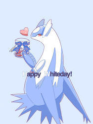Rule 34 | animal focus, artist name, blue background, blue bow, blue theme, blush, bow, claws, creatures (company), english text, from side, full body, game freak, gen 3 pokemon, hands up, happy white day, heart, holding, holding jar, jaggy lines, jar, latios, legendary pokemon, light blush, looking at viewer, nintendo, no humans, pokemon, pokemon (creature), red eyes, simple background, solo, twitter username, ume musubi, watermark, white day