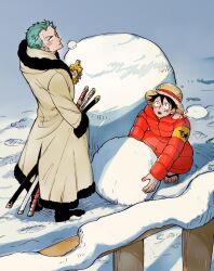 Rule 34 | 2boys, back, black hair, bottle, chabo (niwatori bosori), coat, commentary, green hair, hat, highres, holding, holding bottle, holding snowball, long coat, looking up, male focus, monkey d. luffy, multiple boys, one piece, red coat, roronoa zoro, sandals, scar, scar on face, short hair, sideburns, snow, snowball, straw hat, sword, symbol-only commentary, v-shaped eyebrows, weapon