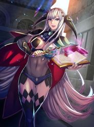 Rule 34 | 1girl, blue eyes, book, breasts, cape, center opening, cleavage, fire emblem, fire emblem cipher, fire emblem fates, long hair, lowres, nintendo, shade (fire emblem), solo, white hair
