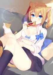 Rule 34 | 1girl, animal, animal ears, bad id, bad pixiv id, black skirt, black socks, blonde hair, blue bow, blue bowtie, blue eyes, blurry, blush, bow, bow bra, bowtie, bra, bread slice, breasts, cat, cat ears, cat tail, cleavage, collarbone, collared shirt, commentary, depth of field, dress shirt, eating, eyebrows, food, food on face, hair between eyes, highres, jam, kneehighs, knees together feet apart, legs, lens flare, light rays, looking at viewer, mafuyu (chibi21), medium breasts, open clothes, original, pillow, pleated skirt, shadow, shirt, sitting, skirt, socks, solo, tail, thighs, toast, twintails, unbuttoned, underwear, untied, white bra, white shirt, yawning