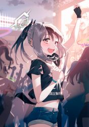 Rule 34 | :d, arm up, black hair, black shirt, blew andwhite, blue archive, blurry, blurry foreground, blush, comiket 101, concert, crop top, crowd, demon horns, demon wings, denim, denim shorts, depth of field, earclip, hair between eyes, halo, highres, horns, kayoko (blue archive), long hair, looking at viewer, midriff, multicolored hair, multiple girls, multiple others, navel, open mouth, ponytail, red eyes, shirt, short shorts, short sleeves, shorts, single wing, smile, solo focus, sweat, two-tone hair, white hair, wings, wristband