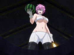 Rule 34 | 1girl, bare shoulders, blue eyes, breasts, fairy tail, food, from below, fruit, gloves, navel, pink hair, screencap, standing, stitched, third-party edit, underboob, virgo (fairy tail), watermelon