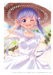 Rule 34 | 1girl, ;d, armpits, blurry, blurry background, blush, choker, collarbone, copyright name, dress, floating hair, hair ribbon, hat, highres, lens flare, long hair, looking at viewer, new game!, official art, one eye closed, open mouth, outdoors, page number, pink ribbon, purple eyes, ribbon, silver hair, smile, solo, standing, straw hat, sun hat, sundress, suzukaze aoba, tokunou shoutarou, twintails, very long hair, white choker, white dress, white ribbon