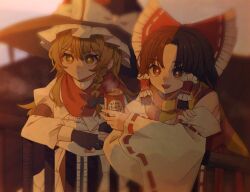 2girls ahai7vimvt31613 blonde_hair bow braid brown_eyes brown_hair can detached_sleeves drink_can hair_tubes hakurei_reimu hat kirisame_marisa long_sleeves multiple_girls red_bow red_shirt red_skirt ribbon scarf shirt skirt smile touhou white_shirt witch_hat yellow_eyes