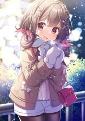 Rule 34 | 1girl, bag, blurry, blurry background, blush, brown hair, casual, coat, commentary request, hair ornament, heavy breathing, highres, kisukekun, long hair, mittens, open mouth, original, own hands together, pantyhose, red eyes, scarf, solo, winter clothes, winter coat, x hair ornament