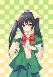 Rule 34 | 1girl, black hair, blue eyes, bow, bow bra, bra, breasts, checkered background, cosplay, flyable heart, frown, highres, ito noizi, melon-chan, melon-chan (cosplay), melonbooks, open clothes, open shirt, shirasagi mayuri, shirt, small breasts, twintails, underwear, undressing, white bra, yellow bow