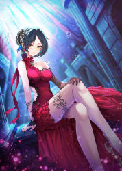 Rule 34 | 1girl, arm support, armlet, bare shoulders, black gloves, black hair, blush, body markings, breasts, bridal gauntlets, bubble, cleavage, closed mouth, clothing cutout, crossed legs, day, dress, dutch angle, earrings, elbow gloves, gloves, hair ornament, hand on own knee, hayami kanade, high heels, highres, idolmaster, idolmaster cinderella girls, idolmaster cinderella girls starlight stage, jewelry, large breasts, light, light particles, light rays, looking at viewer, nail polish, neck ribbon, parted bangs, rangu, red dress, red nails, red ribbon, ribbon, short hair, side cutout, sidelocks, single-shoulder dress, single elbow glove, single strap, sitting, smile, solo, sunlight, underwater, yellow eyes
