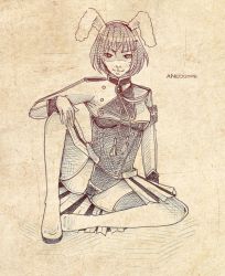 Rule 34 | 07th expansion, 1girl, aneogyps, animal ears, armband, bob cut, boots, rabbit ears, chiester410, chiester sisters, monochrome, no naku koro ni (series), short hair, showgirl skirt, solo, spread legs, thigh boots, thighhighs, umineko no naku koro ni, uniform