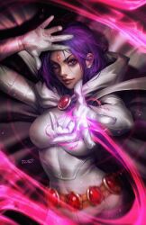 Rule 34 | 1girl, alternate color, belt, bodysuit, breasts, brooch, cape, dc comics, dcwj, earrings, forehead jewel, highres, hood, hooded cape, jewelry, large breasts, looking at viewer, magic, purple eyes, purple hair, raven (dc), short hair, signature, solo, teen titans, white bodysuit, white cape