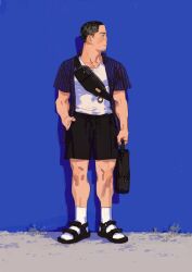 Rule 34 | 1boy, ankle socks, black eyes, black footwear, black hair, black shorts, blue background, blue jacket, buzz cut, chengongzi123, closed mouth, commentary, contemporary, facial hair, full body, goatee stubble, golden kamuy, hand in pocket, highres, jacket, looking to the side, male focus, sandals, short hair, short sleeves, shorts, simple background, socks, standing, striped clothes, striped jacket, stubble, symbol-only commentary, tank top, tsukishima hajime, very short hair, white tank top