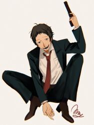Rule 34 | 1boy, adachi tooru, arm up, black jacket, black pants, brown footwear, brown hair, collared shirt, crazy smile, formal, full body, gun, highres, holding, holding gun, holding weapon, jacket, knees up, long sleeves, looking at viewer, male focus, momotamago, necktie, pants, persona, persona 4, red necktie, shirt, shoes, short hair, signature, simple background, sitting, smile, solo, suit, weapon, white shirt