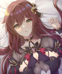 Rule 34 | 1girl, :o, artist name, bed, breasts, cleavage, dress, eden (honkai impact), from above, hair ornament, highres, honkai (series), honkai impact 3rd, large breasts, long hair, long sleeves, looking at viewer, lying, on back, open mouth, perkiik05, purple dress, purple eyes, solo, yellow eyes