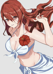 1girl absurdres bare_arms bare_shoulders bikini breasts cleavage collarbone commentary_request floating_hair flower front-tie_bikini_top front-tie_top hair_between_eyes halterneck hand_up highres kirijou_mitsuru large_breasts long_hair looking_at_viewer navel official_alternate_costume parted_lips persona persona_3 red_eyes red_flower red_hair s-m-53413 sarong simple_background solo stomach swimsuit upper_body white_bikini white_sarong