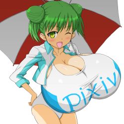 Rule 34 | 1girl, blush, breasts, cleavage, female focus, gigantic breasts, green hair, ishioto, one eye closed, open mouth, race queen, smile, solo, swimsuit, umbrella, wink