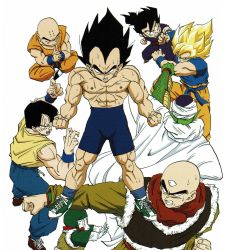 Rule 34 | 6+boys, abs, absurdres, aqua hair, bald, bike shorts, black eyes, black hair, blonde hair, blue legwear, blue shirt, cape, chaozu, clenched hands, clenched teeth, closed mouth, dougi, dragon ball, dragonball z, closed eyes, facial scar, fighting stance, fingernails, green footwear, highres, indian style, interlocked fingers, kuririn, long sleeves, male focus, meditation, mudra, multiple boys, muscular, official art, orange pants, outstretched arm, own hands together, pants, pectorals, piccolo, pointy ears, red footwear, red neckwear, scar, scar across eye, scar on arm, scar on cheek, scar on chest, scar on face, scar on leg, shirt, topless male, shoes, short sleeves, simple background, sitting, sleeveless, sleeveless shirt, sneakers, socks, son gohan, son goku, spiked hair, super saiyan, super saiyan 1, sweat, sweatpants, teeth, tenshinhan, third eye, toriyama akira, training, turban, v-shaped eyebrows, vegeta, white background, white cape, wristband, yamcha, yellow shirt