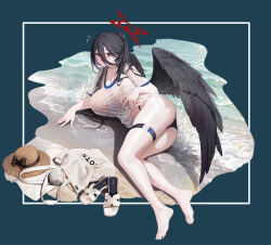 Rule 34 | 1girl, absurdres, areola slip, ass, barefoot, beach, bikini, bikini bottom only, black bikini, black hair, black wings, blue archive, blue background, blush, bow, breasts, closed mouth, dress, feathered wings, feet, full body, gym shirt, gym uniform, hair between eyes, hair bow, hair ribbon, halo, hasumi (blue archive), hasumi (track) (blue archive), highleg, highleg bikini, highres, huge breasts, large breasts, large wings, legs, long hair, looking at viewer, low wings, lying, official alternate costume, on side, red eyes, ribbon, see-through, shirt, short sleeves, solo, swimsuit, thighs, water, wet, white shirt, wings, yuwan 2333