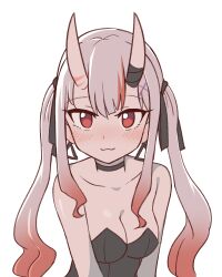 Rule 34 | 1girl, :3, black choker, black leotard, blush, breasts, choker, cleavage, closed mouth, gradient hair, hololive, horns, leotard, looking at viewer, medium breasts, multicolored hair, nakiri ayame, red eyes, simple background, smile, solo, streaked hair, twintails, upper body, virtual youtuber, white background, wool (miwol)
