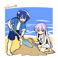 Rule 34 | 1boy, 1girl, alternate costume, blue eyes, blue hair, brother and sister, circlet, digging, fire emblem, fire emblem: genealogy of the holy war, headband, holding, holding shovel, julia (fire emblem), long hair, nintendo, ocean, open mouth, ponytail, purple eyes, purple hair, sand, seliph (fire emblem), shorts, shovel, siblings, simple background, smile, swimsuit, white headband, yukia (firstaid0)