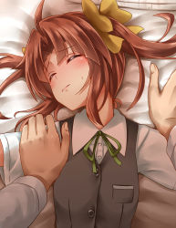 Rule 34 | 10s, 1boy, 1girl, admiral (kancolle), bed, bed sheet, black vest, blush, bow, buttons, closed mouth, collared shirt, closed eyes, hair bow, highres, kagerou (kancolle), kamelie, kantai collection, lying, on back, on bed, pov, pov hands, red hair, shirt, short sleeves, solo focus, sweatdrop, upper body, white shirt, wince, wing collar, yellow bow