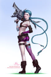 Rule 34 | 1girl, arm tattoo, ass, bare shoulders, belt, braid, breasts, bullet, fingerless gloves, from side, full body, gloves, gradient background, grin, hand on own hip, highres, holding, holding weapon, in-hyuk lee, jinx (league of legends), league of legends, leg tattoo, long hair, medium breasts, rocket launcher, shorts, sideboob, signature, single thighhigh, smile, solo, standing, striped clothes, striped shorts, tattoo, teeth, thigh strap, thighhighs, twin braids, very long hair, watermark, weapon, web address