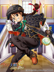 Rule 34 | 1girl, amulet, black capelet, black coat, black hat, black pants, black vest, braid, braided ponytail, brown collar, brown eyebrows, brown gloves, brown hair, buttoned cuffs, buttons, cabbie hat, capelet, center frills, chain, checkered floor, child, clenched teeth, coat, collar, collared capelet, collared shirt, commentary, copyright name, copyright notice, cross-laced footwear, detective, english text, foot out of frame, frilled wrist cuffs, frills, game cg, gloves, gold buttons, gold chain, green ribbon, hair between eyes, hair ribbon, hand on headwear, hat, holding, holding magnifying glass, leg up, logo, long hair, long sleeves, looking at viewer, low-tied long hair, magnifying glass, museum, nagara, neck ribbon, official art, open mouth, orange footwear, orange ribbon, pants, picture frame, pinstripe sleeves, plaid, plaid capelet, plaid coat, plaid headwear, pocket, pocket watch, red ribbon, ribbon, rikaritta aries, sakura taisen, sakura taisen v, shirt, solo, stairs, teeth, translation request, vest, wall lamp, watch, white buttons, white collar, white shirt, white sleeves, white wrist cuffs, window, wrist cuffs, yellow buttons