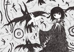 Rule 34 | 1girl, bird, closed mouth, crow, dot nose, dress, expressionless, feather dress, feather hair, feathers, grey background, greyscale, highres, holding, holding stick, looking to the side, monochrome, original, patterned background, puppet, shadow, short hair, skull collar, stick, zozoru