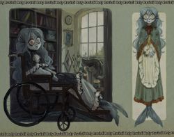 Rule 34 | 1girl, ahoge, apron, black dress, blue hair, blue skin, book, bookshelf, capelet, closed mouth, colored skin, divel qree, drawing (object), dress, empty eyes, fins, fish, from side, green capelet, green skirt, grey eyes, head fins, highres, indoors, long hair, mermaid, monster girl, multiple views, original, pale color, ringed eyes, skirt, wall-eyed, webbed hands, wheelchair, white apron, wide-eyed