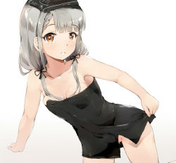 Rule 34 | 1girl, arm support, black ribbon, blush, braid, braided bangs, breasts, brown eyes, collarbone, commentary request, gradient background, grey background, grey hair, grin, groin, hair ribbon, highres, hisakawa nagi, idolmaster, idolmaster cinderella girls, long hair, looking at viewer, low twintails, medium breasts, naked towel, onsen symbol, ribbon, seneto, smile, solo, towel, towel on head, twintails, wet, white background