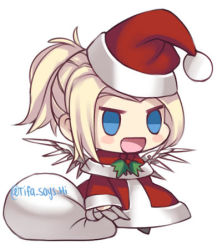 Rule 34 | 1girl, :d, blonde hair, blue eyes, blush, capelet, christmas, coat, commentary, fur-trimmed capelet, fur trim, hat, holding, holding sack, long hair, long sleeves, lowres, meme, mercy (overwatch), open mouth, overwatch, overwatch 1, padoru (meme), red capelet, red coat, red hat, sack, santa hat, simple background, smile, solo, standing, tifa amakura, tongue, twitter username, white background