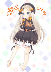 Rule 34 | 1girl, :t, abigail williams (fate), barefoot, black bow, black dress, black hat, bloomers, blue eyes, blush, bow, brown hair, bug, butterfly, closed mouth, commentary request, dress, fate/grand order, fate (series), forehead, full body, hair bow, hat, hugging object, insect, long hair, long sleeves, looking away, massala, orange bow, parted bangs, polka dot, polka dot bow, pout, sleeves past fingers, sleeves past wrists, soles, solo, stuffed animal, stuffed toy, teddy bear, toenails, underwear, v-shaped eyebrows, very long hair, white bloomers