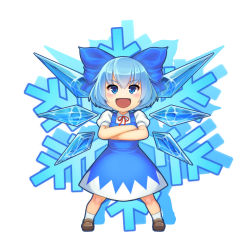 Rule 34 | 1girl, blue eyes, blue hair, bow, brown footwear, chibi, cirno, crossed arms, hair bow, highres, ice, ice wings, kkommy, open mouth, shoes, short sleeves, skirt, smile, snowflakes, socks, standing, touhou, v-shaped eyebrows, wings