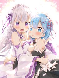 Rule 34 | 2girls, :d, :o, bare shoulders, black ribbon, blue eyes, blue hair, blush, braid, breast press, breasts, crown braid, detached sleeves, dress, elf, emilia (re:zero), floating hair, flower, frilled sleeves, frills, gem, grey hair, hair flower, hair ornament, hair ribbon, highres, hug, large breasts, long hair, long sleeves, looking at viewer, maid, multiple girls, open mouth, petals, pink ribbon, pointy ears, purple eyes, purple ribbon, re:zero kara hajimeru isekai seikatsu, rem (re:zero), ribbon, rose, roswaal mansion maid uniform, short hair, sidelocks, smile, tatsuyoshi (zawahomura), white dress, white flower, white rose, wide sleeves, x hair ornament