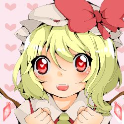 Rule 34 | 1girl, blonde hair, blouse, blush, clenched hands, collared shirt, female focus, flandre scarlet, hair between eyes, hat, heart, heart-shaped pupils, lowres, mob cap, oekaki, open mouth, pink background, portrait, red eyes, sasaki-annna, shirt, solo, symbol-shaped pupils, touhou, white hat, white shirt, wings