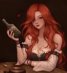 Rule 34 | 1girl, artelsia, artist name, bare shoulders, bottle, breasts, brown background, cleavage, closed mouth, gradient background, hand up, heart, highres, holding, holding bottle, large breasts, league of legends, long hair, miss fortune (league of legends), no headwear, off shoulder, red hair, shirt, smile, solo, table, white shirt