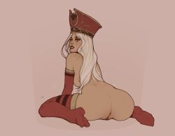 Rule 34 | 1girl, anus, ass, ass focus, backboob, breasts, character request, copyright request, detached sleeves, from behind, grey background, highres, large breasts, long hair, no shoes, nude, pussy, red headwear, red thighhighs, simple background, sitting, solo, tdp, thighhighs, white hair