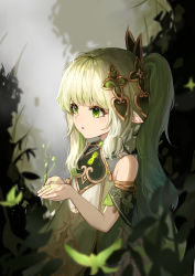 Rule 34 | 1girl, absurdres, blurry, cape, commentary, depth of field, detached sleeves, dress, genshin impact, glowing, gradient hair, green eyes, hair between eyes, hair ornament, highres, long hair, looking away, multicolored hair, nahida (genshin impact), parted lips, pointy ears, revival, short sleeves, side ponytail, sidelocks, solo, sunlight, symbol-shaped pupils, white dress, white hair