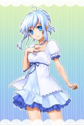 Rule 34 | 1girl, ahoge, player character (mabinogi), bad id, bad pixiv id, bare legs, blue eyes, blue hair, breasts, collarbone, dress, frilled dress, frills, hand on another&#039;s chest, hand on own chest, irimo, light smile, mabinogi, matching hair/eyes, pointy ears, short dress, solo