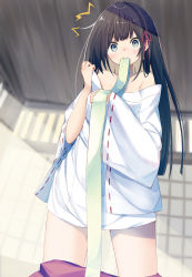 Rule 34 | 1girl, ^^^, bare shoulders, blue eyes, blurry, blurry background, blush, breasts, brown hair, closed mouth, commentary, day, depth of field, hakama, hakama pull, hakama skirt, highres, indoors, japanese clothes, kavka, kimono, long hair, long sleeves, looking at viewer, miko, mouth hold, off shoulder, original, red hakama, ribbon-trimmed sleeves, ribbon trim, short kimono, skirt, sleeves past wrists, small breasts, solo, standing, sunlight, symbol-only commentary, tears, v-shaped eyebrows, white kimono, wide sleeves